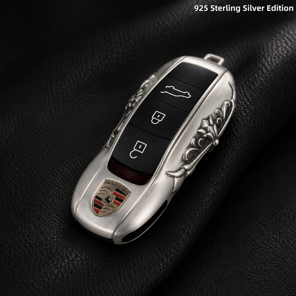 Porsche Macan 718 Key Shell 925 Sterling Silver Edition Handmade Luxury Key Cover for Old Style Insert Key