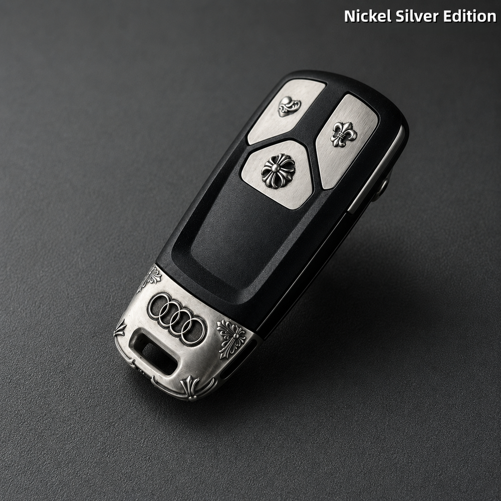Audi Key Fob Cover Nickel Silver Edition Handcrafted Engraved Luxury Key Shell Compatible with Audi Models