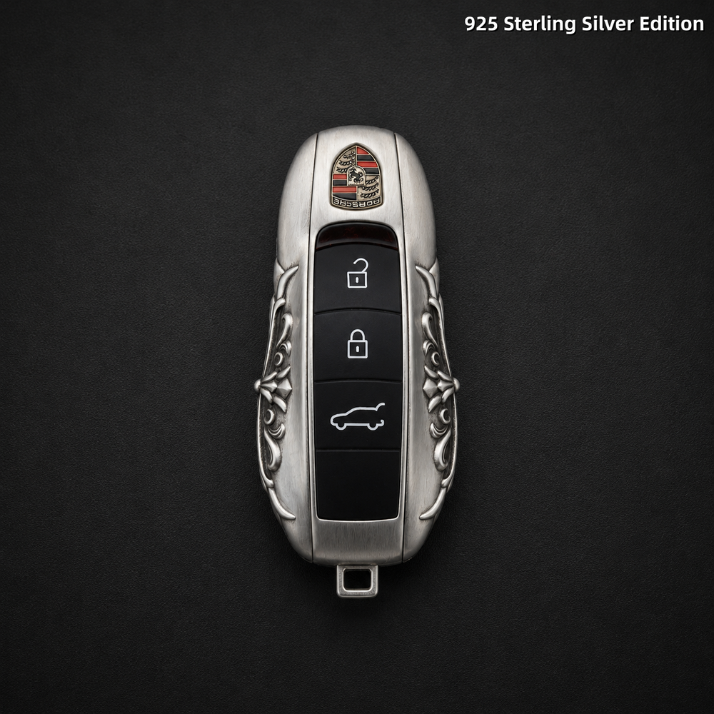 Porsche Macan 718 Key Shell 925 Sterling Silver Edition Handmade Luxury Key Cover for Old Style Insert Key