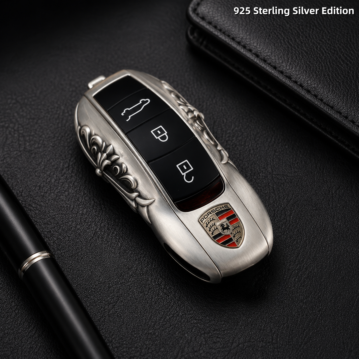 Porsche Macan 718 Key Shell 925 Sterling Silver Edition Handmade Luxury Key Cover for Old Style Insert Key