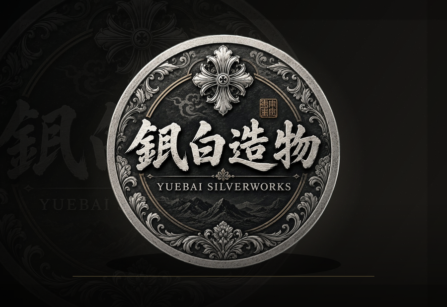 YUEBAI SILVERWORKS brand emblem on dark workshop background